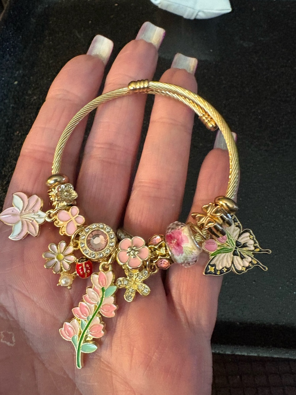 Bracelet- Gold plated Alloy Charm Bangle Bracelet - Flowers and butterflies